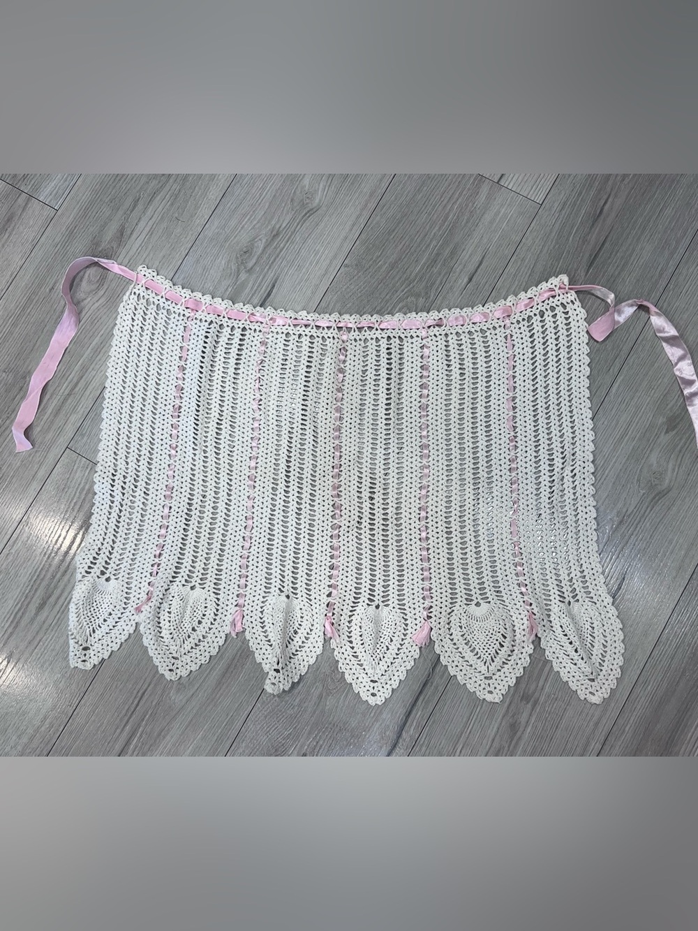 Vintage Crocheted Apron Handmade White Yarn And Pink Ribbon